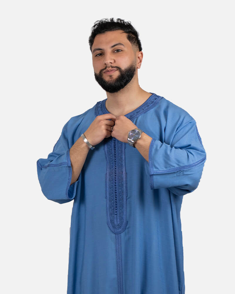 كندورة من ثوب الكتان بطرزة يدوية ـ أزرق فاتح