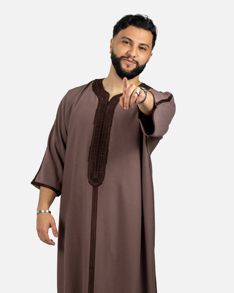 كندورة من ثوب الكتان بطرزة يدوية ـ بني