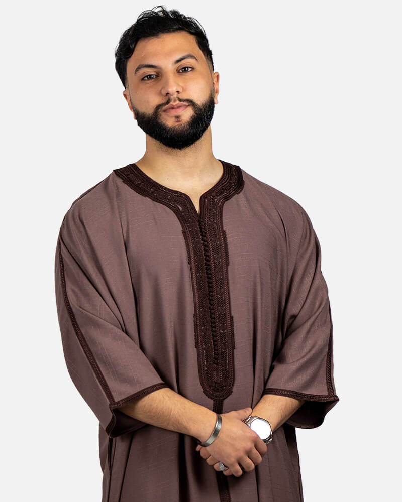 كندورة من ثوب الكتان بطرزة يدوية ـ بني