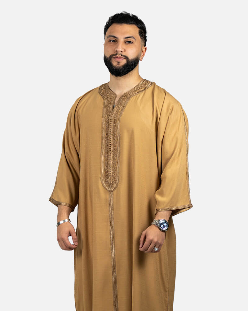 كندورة من ثوب الكتان بطرزة يدوية ـ بني فاتح