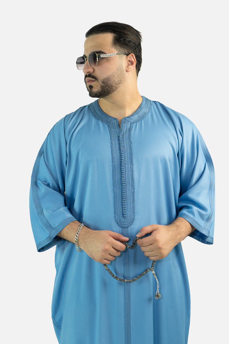 كندورة كاباردين ممتازة بطرزة 100% يدوية - أزرق سماوي