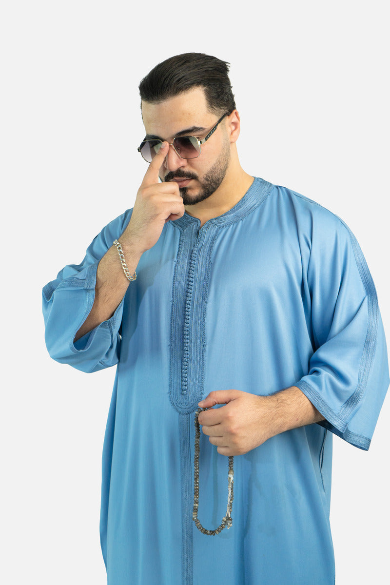 كندورة كاباردين ممتازة بطرزة 100% يدوية - أزرق سماوي