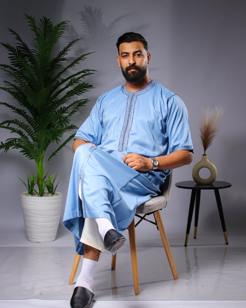 قميص كاباردين ممتازة بطرزة 100% يدوية - أزرق سماوي