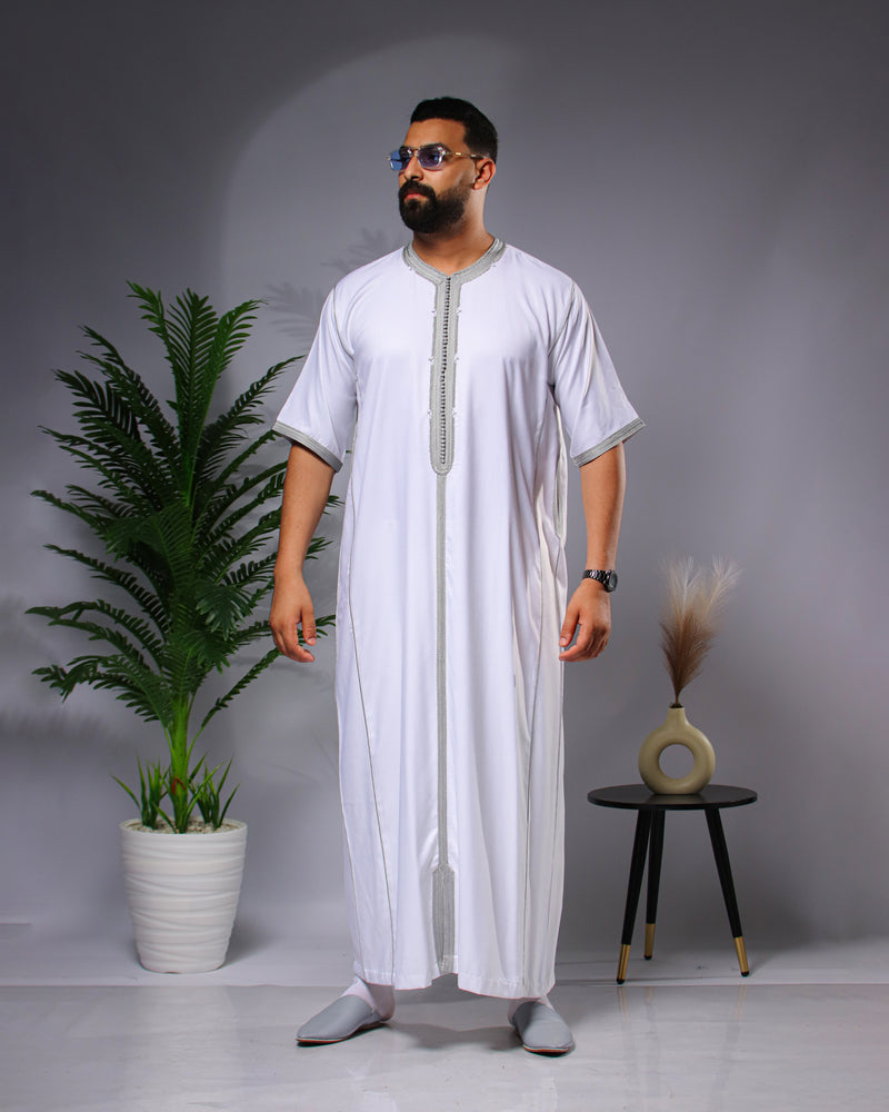 قميص كاباردين ممتازة بطرزة 100% يدوية - أبيض